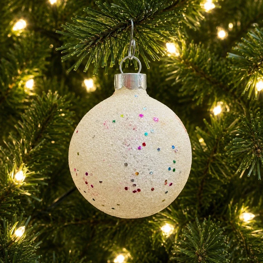 George Franke Cream Mica Rainbow Confetti Round Christmas Ornament 1930s-1950s